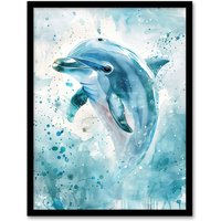 Artery8 Dolphin Wave Jump Watercolour Light Blue Sea Framed Art Print | Size: W12" x H16"