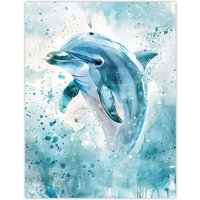 Artery8 Dolphin Wave Jump Watercolour Light Blue Sea Wall Art Print | Size: W12" x H16"