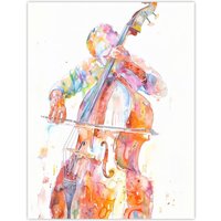 Artery8 Cellist Colourful Modern Watercolour Cello Music Wall Art Print in Orange | Size: W12" x H16"