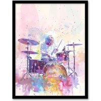 Artery8 Rainbow Modern Watercolour Portrait Drummer Drums Framed Art Print in Purple | Size: A4
