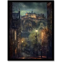 Artery8 Edinburgh Castle Atmospheric Scotland Night Rain Framed Art Print in Brown | Size: W12" x H16"