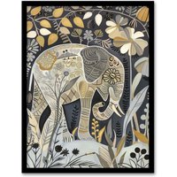 Artery8 Elephant Flowers Artwork Quirky Floral Folk Art Framed Art Print | Size: W12" x H16"