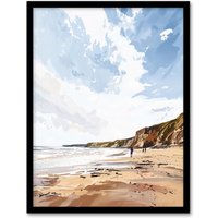 Artery8 Filey Beach Coastal Cliffs Landscape England Sky Framed Art Print in Beige | Size: A4