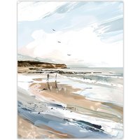 Artery8 Filey Beach Watercolour Coastal Landscape England Wall Art Print in Beige | Size: W24" x H32"