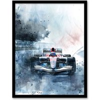 Artery8 Race Car Modern Watercolour Racetrack Action Shot Framed Art Print in Blue | Size: W12" x H16"
