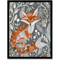 Artery8 Woodland Fox Folk Art Grey Rustic Wildflowers Framed Art Print in Orange | Size: A4