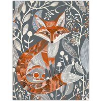 Artery8 Woodland Fox Folk Art Grey Rustic Wildflowers Wall Art Print in Orange | Size: W12" x H16"