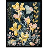 Artery8 Ochre Freesia Flowers Painting Dark Wildflowers Framed Art Print in Yellow | Size: W12" x H16"