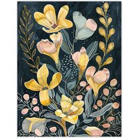 Artery8 Ochre Freesia Flowers Painting Dark Wildflowers Wall Art Print in Yellow | Size: W12" x H16"