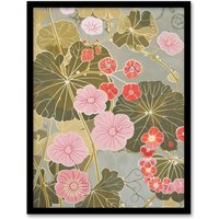 Artery8 Pink Geranium Flowers Artwork Pastel Foliage Framed Art Print in Green | Size: W12" x H16"