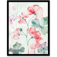 Artery8 Red Pastel Geranium Flowers Modern Watercolour Framed Art Print in Pink | Size: W12" x H16"