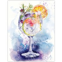 Artery8 Sloe Gin Tonic Fruit Cocktail Modern Watercolour Wall Art Print in Blue | Size: W18" x H24"