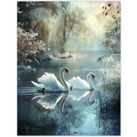 Artery8 Graceful Swans Tranquil Winter Lake Painting Wall Art Print in Blue | Size: W24" x H32"