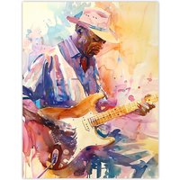 Artery8 Electric Guitarist Music Portrait Watercolour Wall Art Print in Orange | Size: W24" x H32"