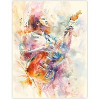 Artery8 Colourful Watercolour Electric Guitar Musician Wall Art Print | Size: W18" x H24"