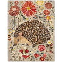 Artery8 Cute Hedgehog Floral Artwork Rustic Woodland Wall Art Print in Grey | Size: W12" x H16"