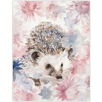 Artery8 Watercolour Hedgehog & Flowers Pink Pastel Wall Art Print | Size: W24" x H32"