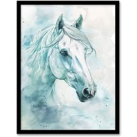 Artery8 White Horse Portrait Light Blue Watercolour Framed Art Print | Size: W12" x H16"