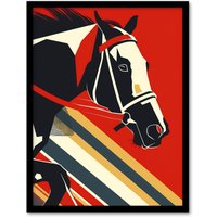 Artery8 Racehorse Animal Racing Horse Bold Geometric Framed Art Print in Red | Size: A4