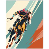 Artery8 Jockey on Racehorse Animal Race Colourful Pop Art Wall Art Print in Blue | Size: W18" x H24"