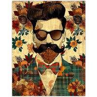 Artery8 Hipster Man Portrait Flowers Moustache Pompadour Wall Art Print in Brown | Size: W12" x H16"