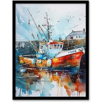 Artery8 Fishing Boat Harbour Watercolour Classic Coastal Framed Art Print | Size: A4