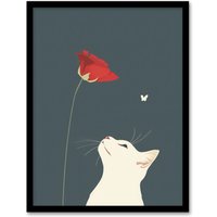 Artery8 White Cat with Rose Butterfly Artwork Simple Cute Framed Art Print in Grey | Size: A4