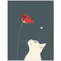 Artery8 White Cat with Rose Butterfly Artwork Simple Cute Wall Art Print in Grey | Size: W12" x H16"