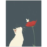 Artery8 White Kitten with Rose Butterfly Artwork Cute Wall Art Print in Grey | Size: W24" x H32"