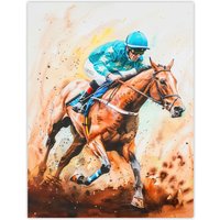Artery8 Rider on Horse Racing Watercolour Dramatic Mud Wall Art Print in Brown | Size: W24" x H32"
