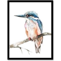 Artery8 Blue Kingfisher Bird Modern Watercolour Simple Framed Art Print in White | Size: W12" x H16"