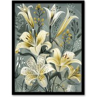 Artery8 Elegant White Lily Bouquet Grey Gold Floral Framed Art Print | Size: A4