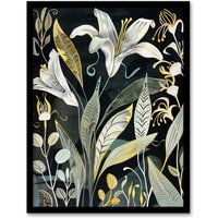 Artery8 Lily Flowers Dark Stylised Floral Painting Framed Art Print in Black | Size: A4