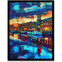 Artery8 Liverpool Port Sail Boats Atmospheric Cityscape Framed Art Print in Blue | Size: W12" x H16"