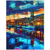 Artery8 Liverpool Port Sail Boats Atmospheric Cityscape Wall Art Print in Blue | Size: W12" x H16"