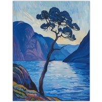 Artery8 Lone Tree on Loch Ness Scottish Highlands Lake Wall Art Print in Blue | Size: W24" x H32"