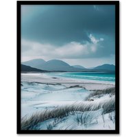 Artery8 Isle Harris Scotland White Sand Luskentyre Beach Framed Art Print in Blue | Size: A4