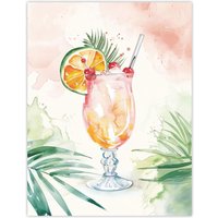 Artery8 Tropical Mai Tai Cocktail Modern Watercolour Wall Art Print | Size: W24" x H32"