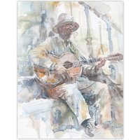 Artery8 Street Musician Playing Guitar Watercolour Wall Art Print in Grey | Size: W24" x H32"