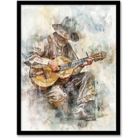 Artery8 Country Music Guitarist Watercolour Portrait Framed Art Print in Brown | Size: W12" x H16"