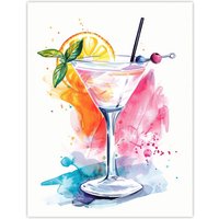 Artery8 Manhattan Cocktail Bright Modern Watercolour Wall Art Print in Pink | Size: W24" x H32"