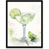 Artery8 Lime Green Margarita Cocktail Modern Watercolour Framed Art Print | Size: A4