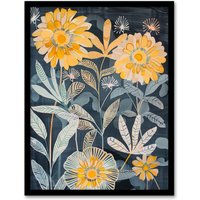 Artery8 Marigold Flowers Artwork Dark Forest Floral Blue Framed Art Print in Yellow | Size: A4