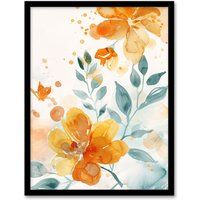 Artery8 Marigold Flowers in Bloom Modern Watercolour Framed Art Print in Orange | Size: W12" x H16"