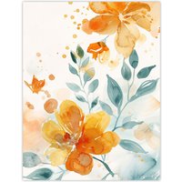 Artery8 Marigold Flowers in Bloom Modern Watercolour Wall Art Print in Orange | Size: W12" x H16"