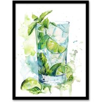 Artery8 Classic Mojito Cocktail Modern Watercolour Mint Framed Art Print in Green | Size: A4