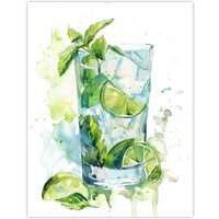 Artery8 Classic Mojito Cocktail Modern Watercolour Mint Wall Art Print in Green | Size: W24" x H32"