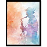 Artery8 Jazz Saxophonist Rainbow Smoke Light Watercolour Framed Art Print | Size: A4