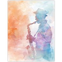 Artery8 Jazz Saxophonist Rainbow Smoke Light Watercolour Wall Art Print | Size: W12" x H16"