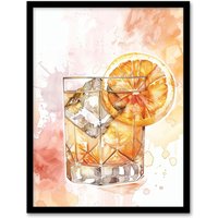 Artery8 Classic Old Fashioned Cocktail Orange Watercolour Framed Art Print | Size: W12" x H16"